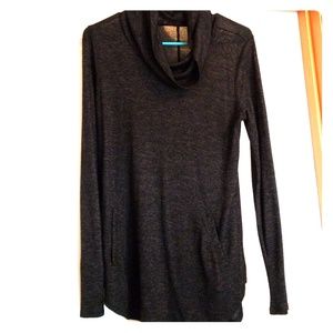 black and gray scarf neck shirt